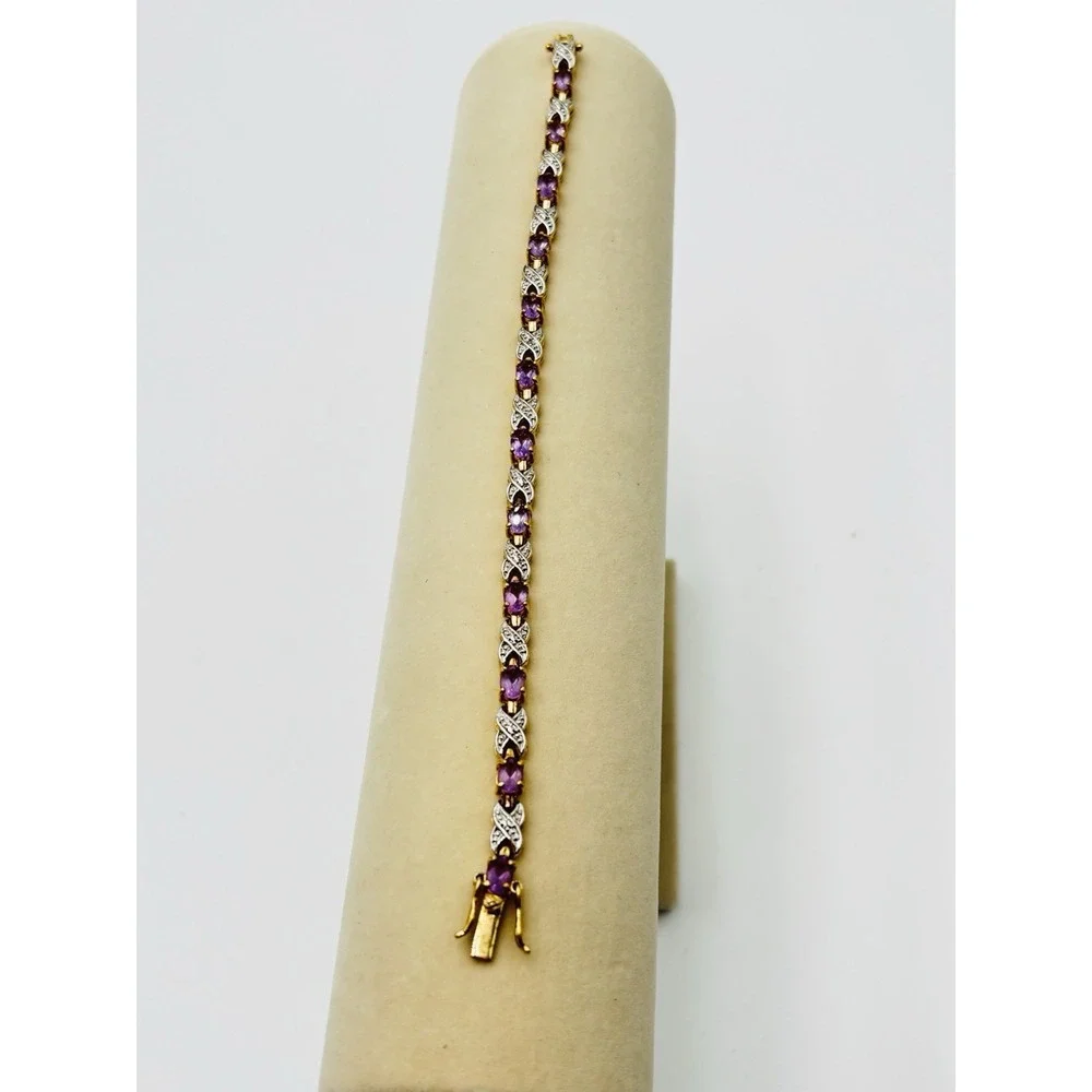 925 Italy Amethyst Tennis Bracelet Gold Over Sterling Silver 7